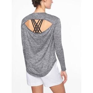 Athleta Womens size XS Breezy Long Sleeve Cutout Back Striped Workout Top Blue